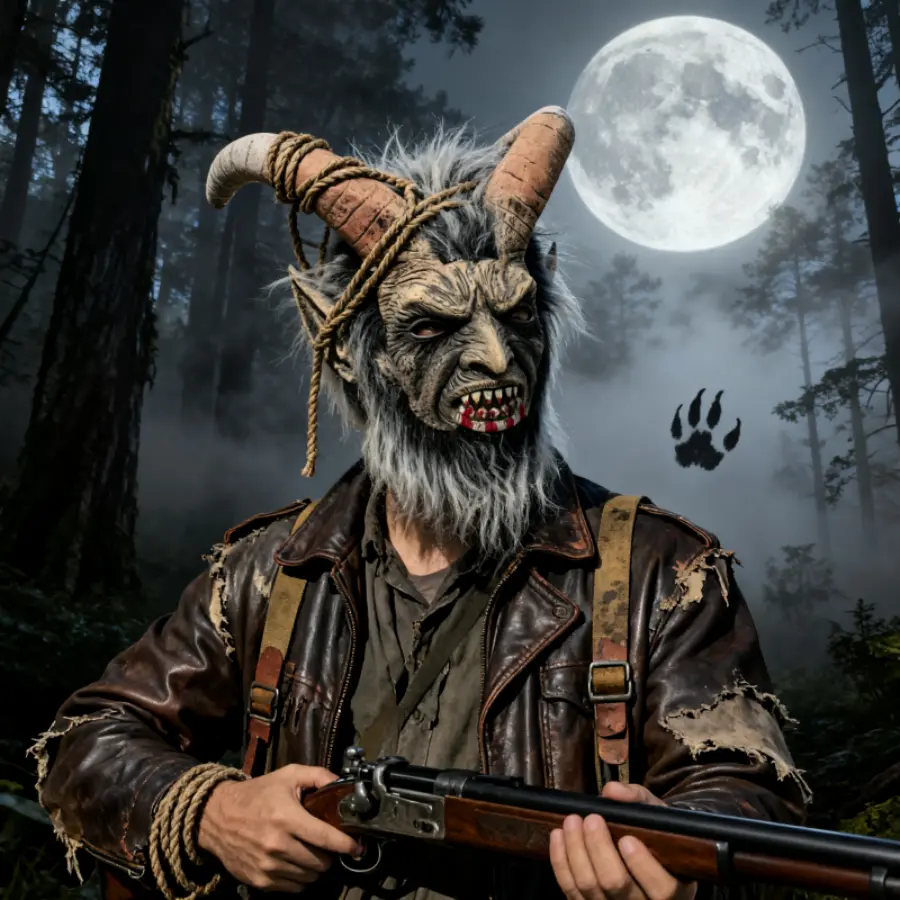 Scary Krampus Demon Latex Mask, Large Horn Devil Goat Mask with Fur for Halloween Horror Cosplay