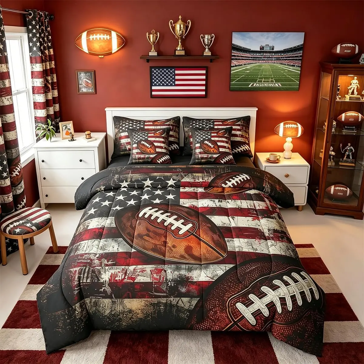 Boys Football Comforter Set Kids Girls 7 Pieces American Flag Bedding Set Rugby Gaming Sports Sports Theme Bed in a Bag with Comforter,Sheets,Pillowcases & Cushion Cover