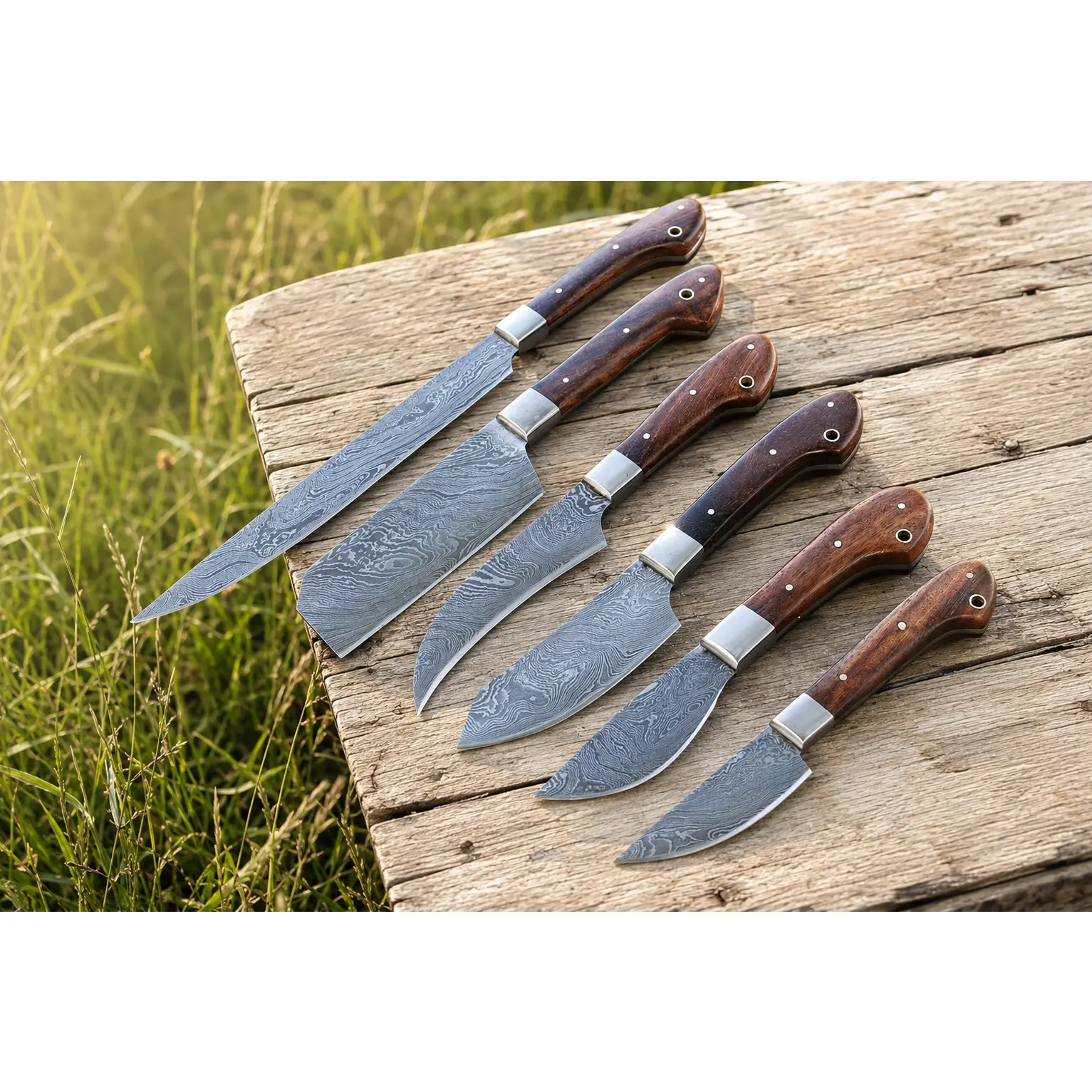 6-Piece Handmade Damascus Steel Kitchen Knife Set – Premium Chef Knives with Leather Sheath