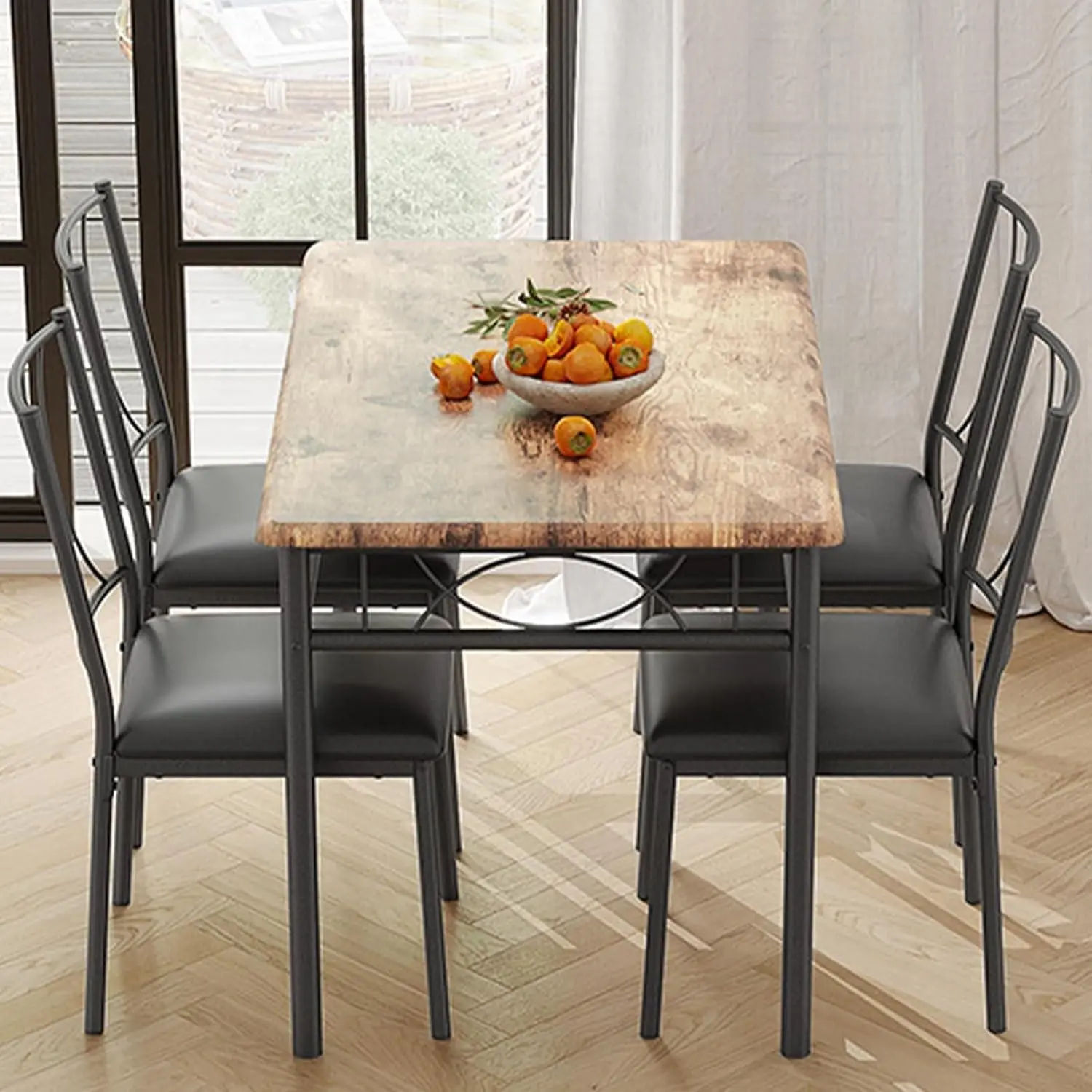 Gaomon 4-Piece Retro Brown Rustic Wood Small Rectangle Dining Table Set, MDF Top, Ergonomic Upholstered Dual X-Braced Chairs, Matte Black Accents, Space-Saving Tuckaway Bistro Table & Chair Set, 450 lbs Per Seat, Easy Assembly, for Studio Apartments
