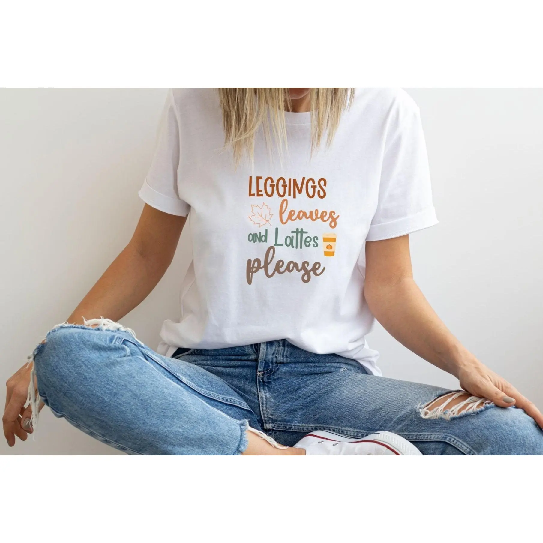 Leggings Leaves and Lattes Please Womens Fall T-shirt Cotton Fabric Comfy Ribbed Sleeves Feminine Top Light Womenswear Gildan 64000L