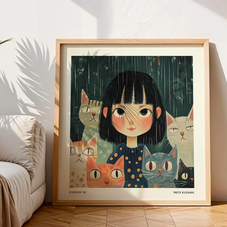 Girl with Cats Wall Art Print Whimsical Portrait Minimalist Japandi Decor for Living Room, Bedroom, or Kids' Spaces Poster Yayoi Kusama - No Frame