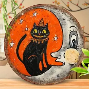 Vintage Halloween Skull Metal Sign Vintage Cat And Moon Halloween Decoration Sign Metal Wall Hanging 8 Inch Round Plaque Multicolor Iron Home Bar Garage Cafe Garden Aesthetic Room Decor Pack Of 1