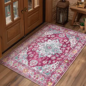 2x3 Machine Washable Area Rug for Entryway, Small Boho Neutral Rug for Front Door, Non-Slip Low Pile Indoor Door Mat for Entryway, Bedroom, Dining Room & Kitchen(2x3 Rose Red)