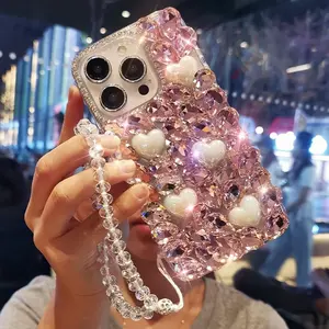 Pink Crystal Heart Full Diamond Phone Case For iPhone 17/16/15/14/13 Pro Max, Luxury Crystal Lanyard Protective Cover with Comprehensive Protection, Accessories