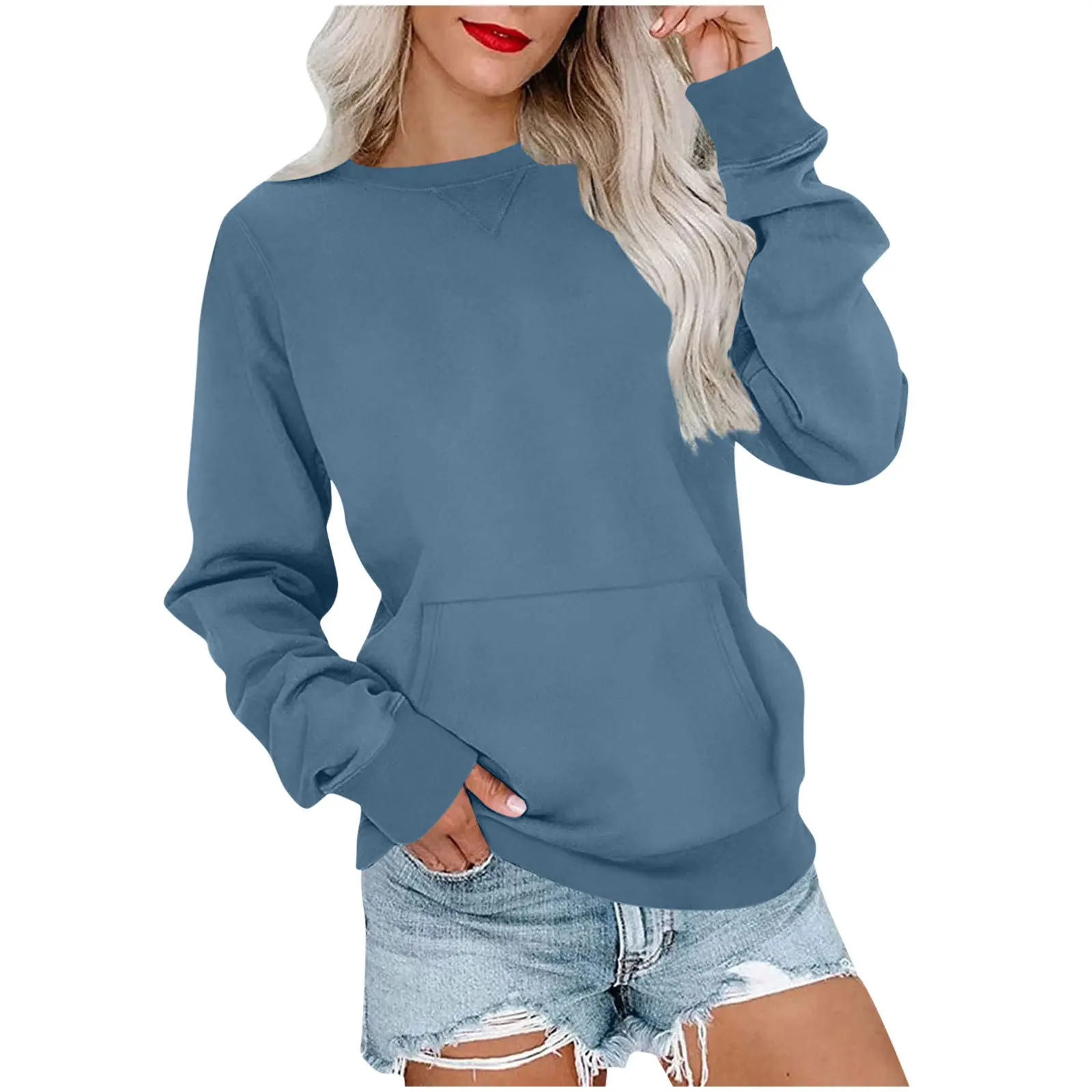 Women's Crewneck Hoodless Sweatshirt With Kangaroo Pocket Fleece Longsleeve Oversized Casual Style Shirt Lightweight Pullover 2026