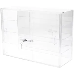 Plymor Clear Acrylic Locking Display Case with Sliding Back, 3 Shelves (Mirrored), 16" H x 22" W x 8.5" D