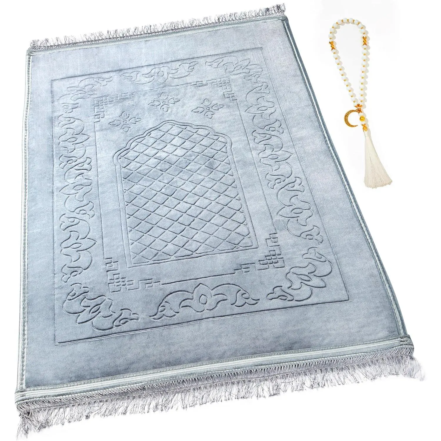Muslim Prayer Rug with Tasbih Prayer Beads, Soft Large Prayer Matt Islam, Padded Islamic Prayer Mat Thick for Men and Women, Janamaz, Sajadah (Grey)