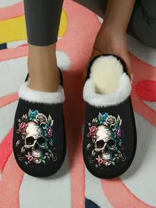 Gothic Street Skull Print Cotton Slippers Fluzzy Flurry 2025 2026 Autumn Winter Home Indoor Shoes, Casual Textile Upper, Less Than Ankle Height