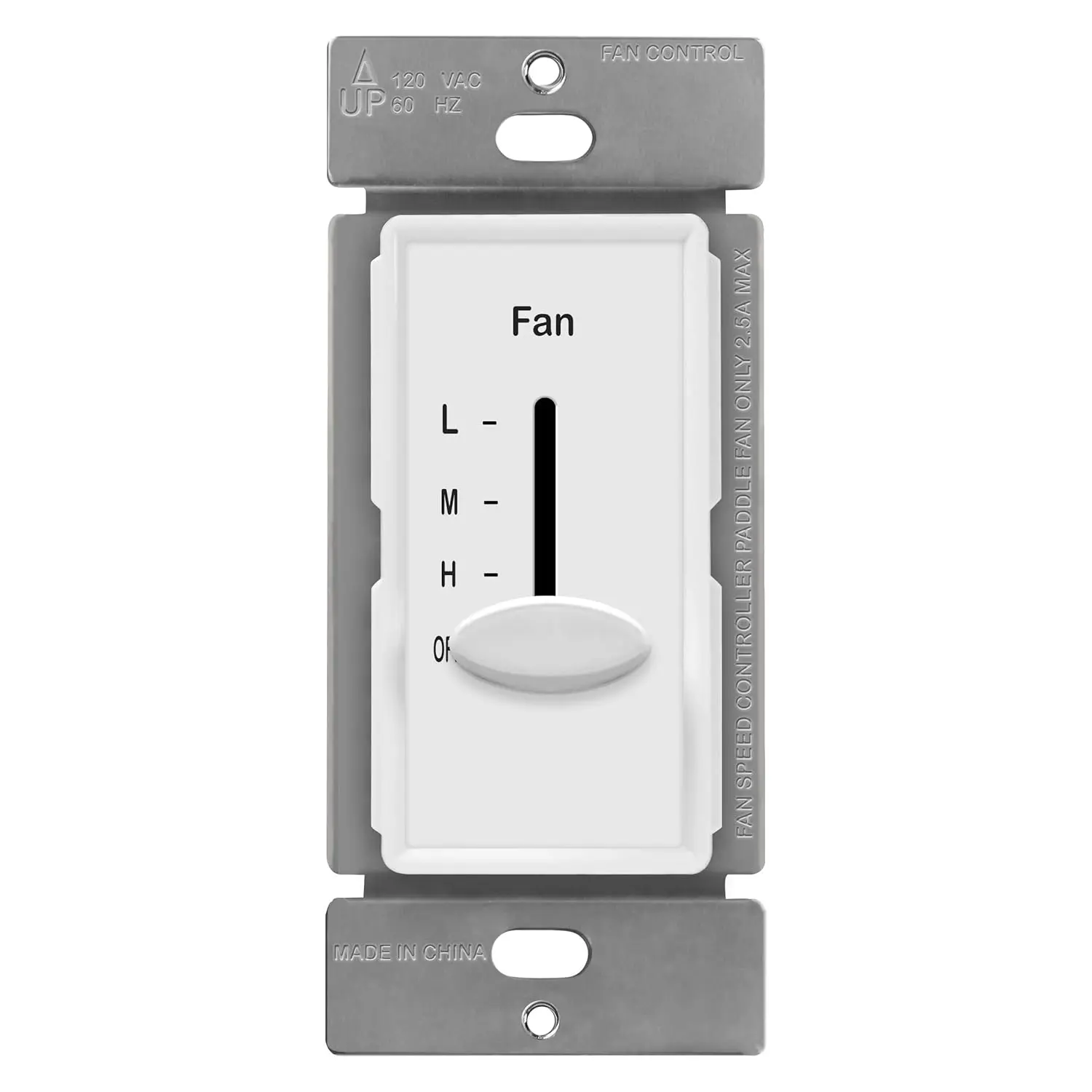 3 Speed In Wall Ceiling Fan Control, Slide switch, 120VAC, 2.5A, Single-Pole, No Neutral Wire Required, 17000-F3-W-F, White