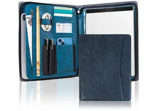 Leather Embossed Portfolio Binder Padfolio With Zipper A4 Planner Folder W/ Pocket Organizer Dark Blue