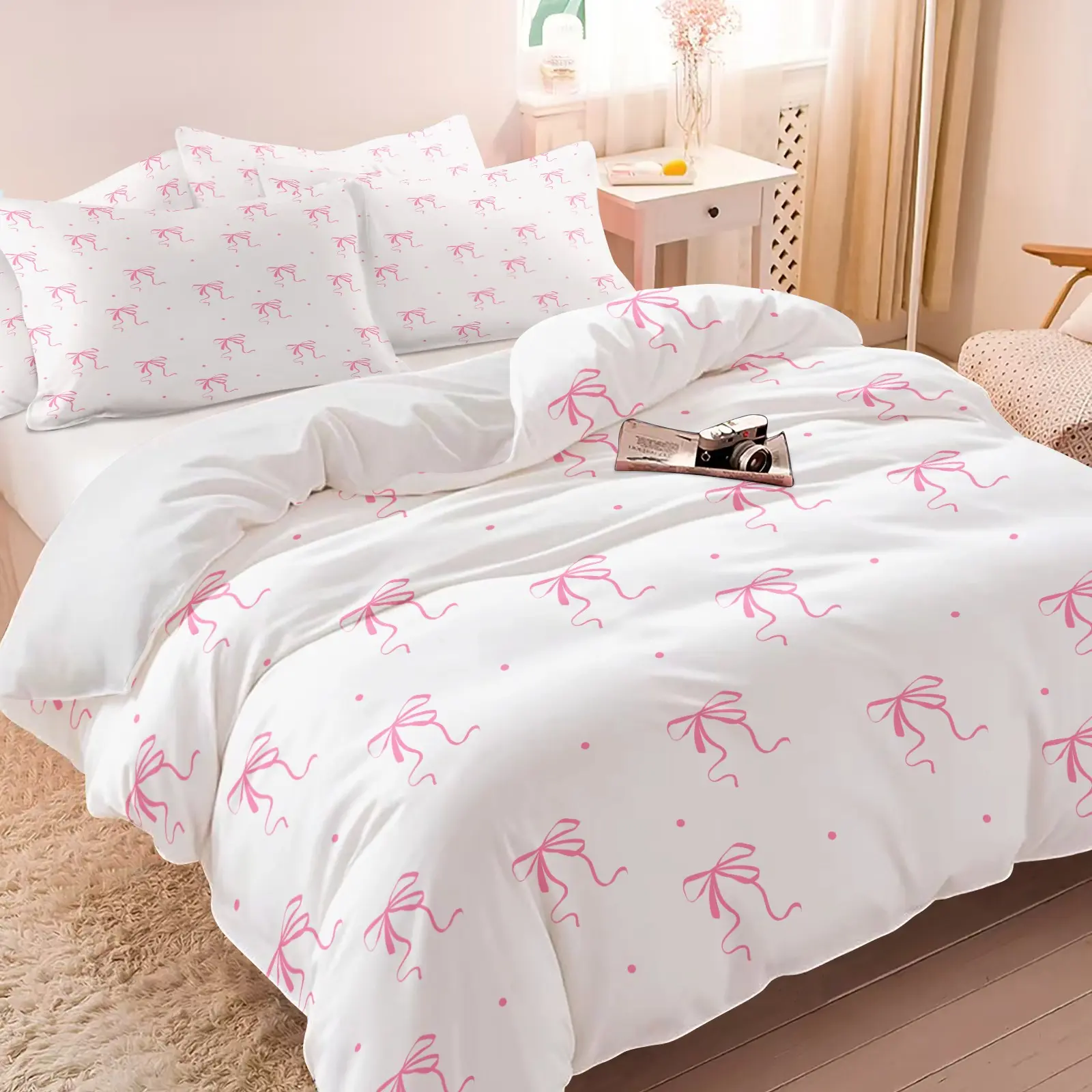 Sweet Pink Bow & Dot Bedding Set, Decorative Bedding Set, 1 Duvet Cover + 1/2 Pillowcases, No Core, Minimalist Aesthetic Bow Pattern, Soft Skin-Friendly Fabric, Perfect Decor for Cozy Bedroom & Apartment