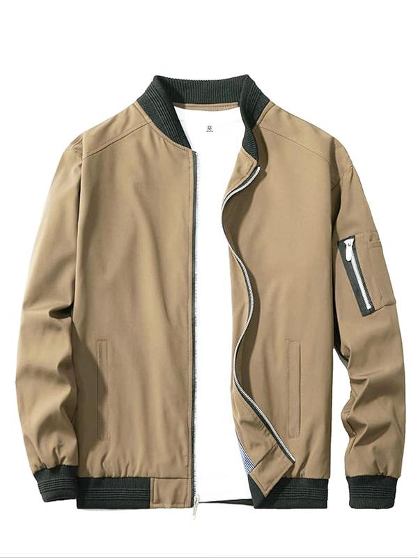 Men's Zip Up Pocket Bomber Jacket, Casual Long Sleeve Stand Collar Windproof Outerwear Coat with Pockets for Spring & Fall, Men's Clothes for Daily Wear