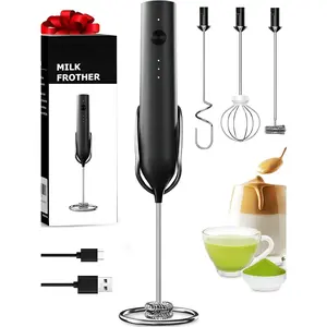 Rechargeable Milk Frother Handheld with 3 Detachable Stainless Whisks and Stand, Electric Frother Wand with 3-Speed, Mixer Wand for Coffee, Lattes, Cappuccino & Matcha.