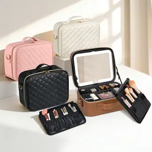 Makeup Case with LED Light Mirror, 12in Travel Makeup Bag, Large Capacity Cosmetic Bags for Women, Waterproof Portable Toiletry Bag Make-up Organizer with Divider and Handle Professional