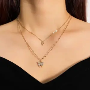 Shiny Butterfly & Rhinestone Decor Layered Necklace, Clavicle Chain Butterfly Charm Pendant, Butterfly quality jewelry Necklace, Silver & Gold Ideal Gift for Women