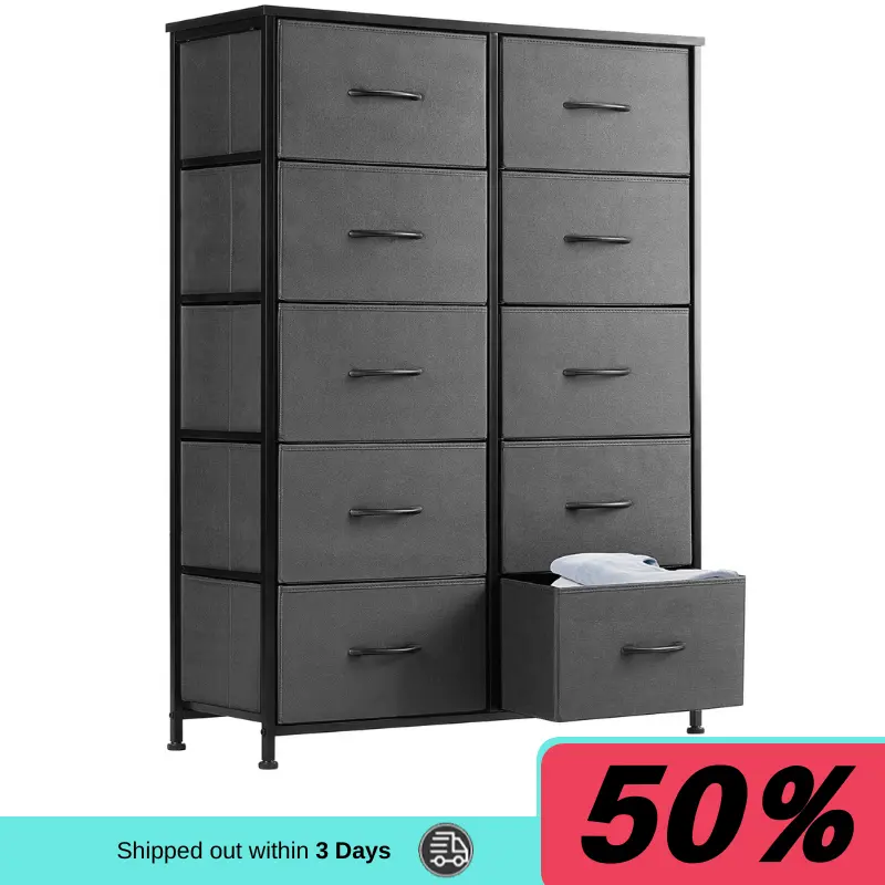 Sturdy 10-Drawer Fabric Dresser Storage Tower with Steel Frame, Wooden Top, Easy-Pull Fabric Bins, Tall Design Indoor Cabinet Furniture for Bedroom, Living Room