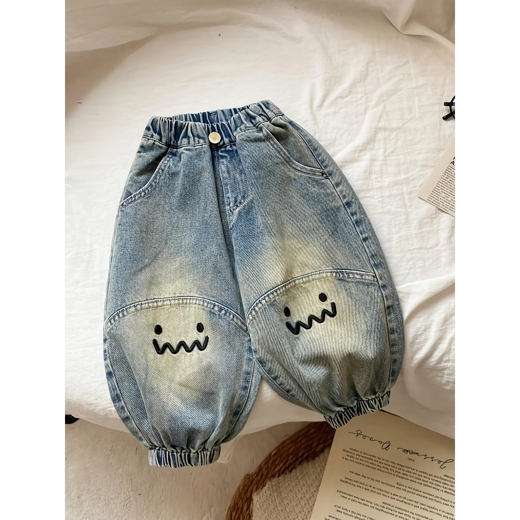 Boys' and Girls' Baita Casual Embroidered Cuffed Jeans, Children's Fashionable Trendy Long Pants