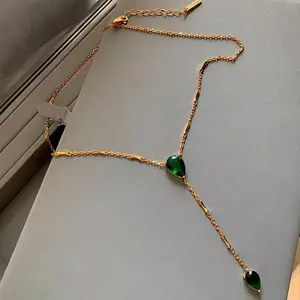 LisiZen Women's Long Emerald Fire Sparkle Gemstone Zircon Pendant Necklace, Summer Elegant Light Luxury Unique Collarbone Chain Choker DZXL4058