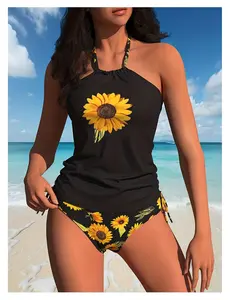 Women's Bathing Suit All-Over Print Halter Top Swimsuit Set - Stylish Two Piece Drawstring Swimwear for Beach, Pool, Vacation & Summer - Slimming Fit