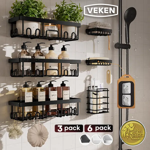 【Veken】 6-Pack Life-Changing Rustproof Shower Caddy, Effortless No-Drill Wall Shelves with Soap Holder, End Bathroom Clutter for Good, Multi-use Kitchen & Home Storage