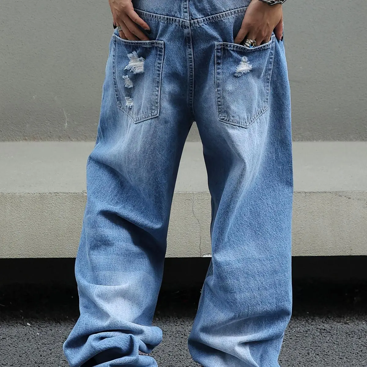 MZNBURAM Men's Ripped Non-Stretch Loose Fit Wide-Leg Baggy Jeans