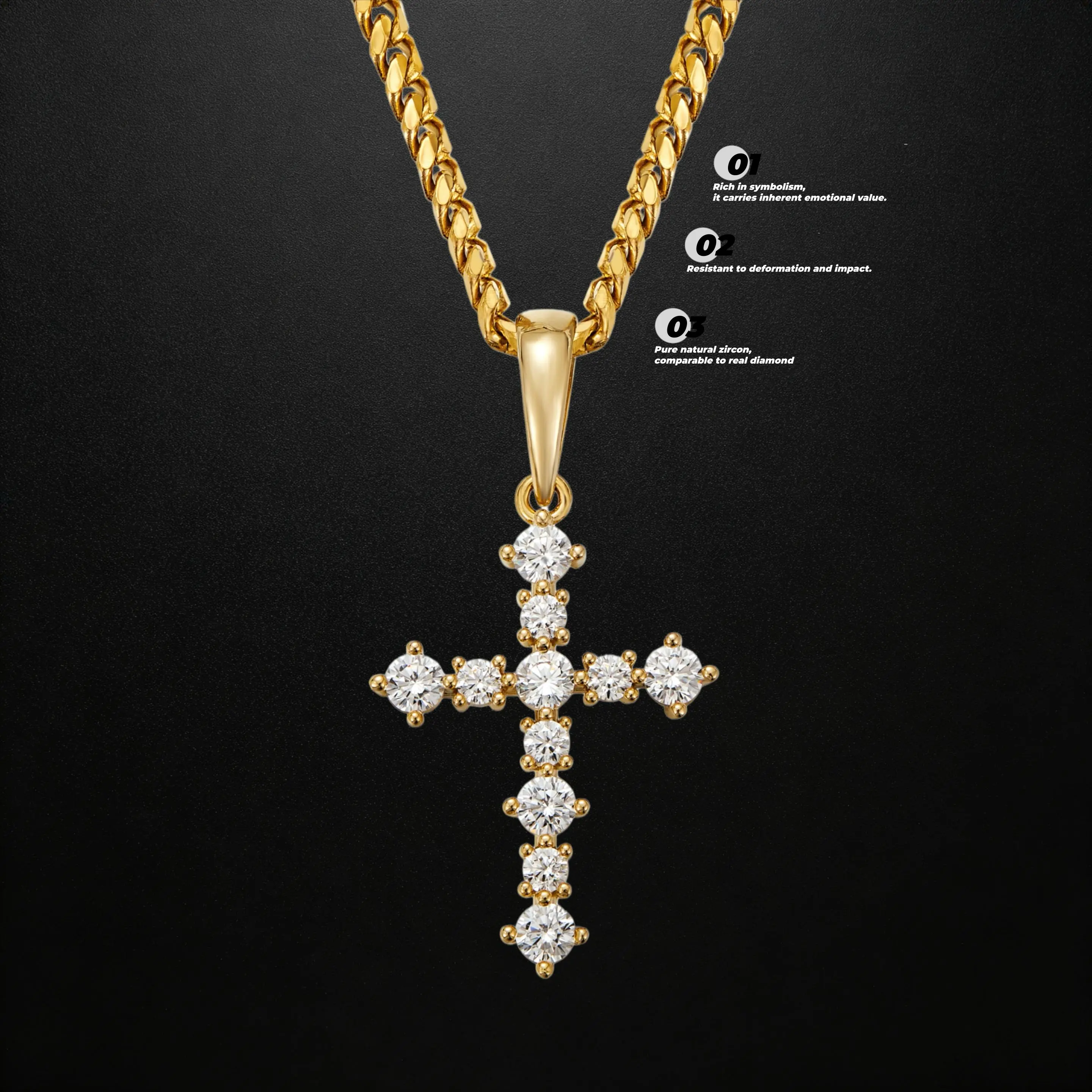 YC Men's Unisex Stainless Steel Glitter Cross Pendant Necklace - Gold Zircon Rhinestones, Twist Chain Design, Elegant Fashion Pendants, Gemstone Necklaces, Daily Wear Versatile Urban Accessory, Back-To-School Gift