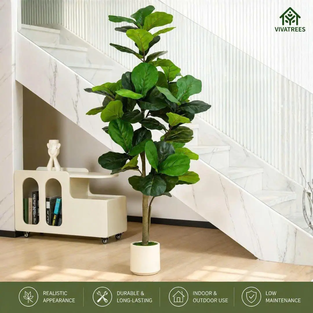 5FT/6FT Fiddle Leaf Fig Artificial Tree with White Planter,Faux Floor Plant, Indoor Outdoor Fake Plants with Realistic Leaves for Home & Office Decor