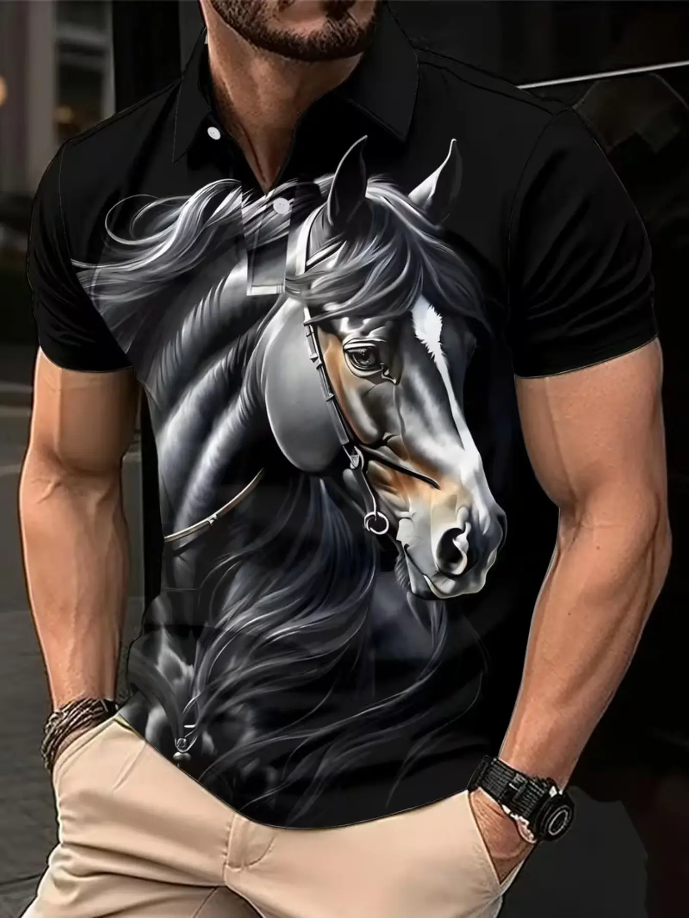 Men's Vintage Horse Print Short Sleeve Polo T-Shirt, Geometric Design, Casual Fitted Summer Top, Quick-Dry Sportswear for Business & Home, Printed Polo Shirts, Menswear