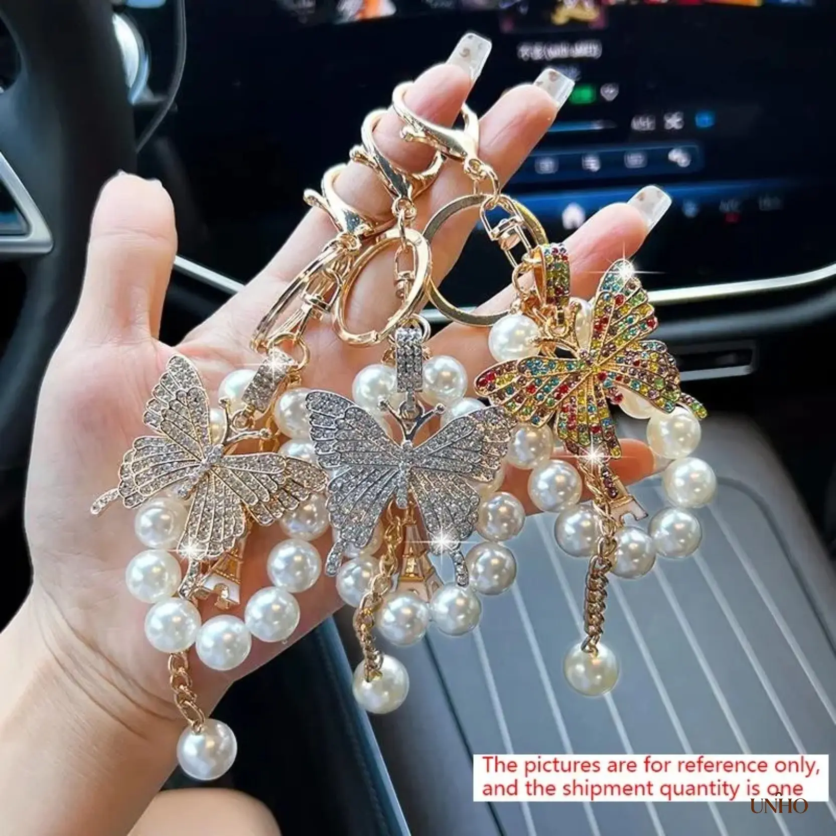 Creative Rhinestone Butterfly Key Ring Bag Charm With Elegant Pearl Chain, Shiny Bling Pendant, Fashion Decor Accessory For Car Keys Handbags Backpacks & Unique Gift For Friends Family