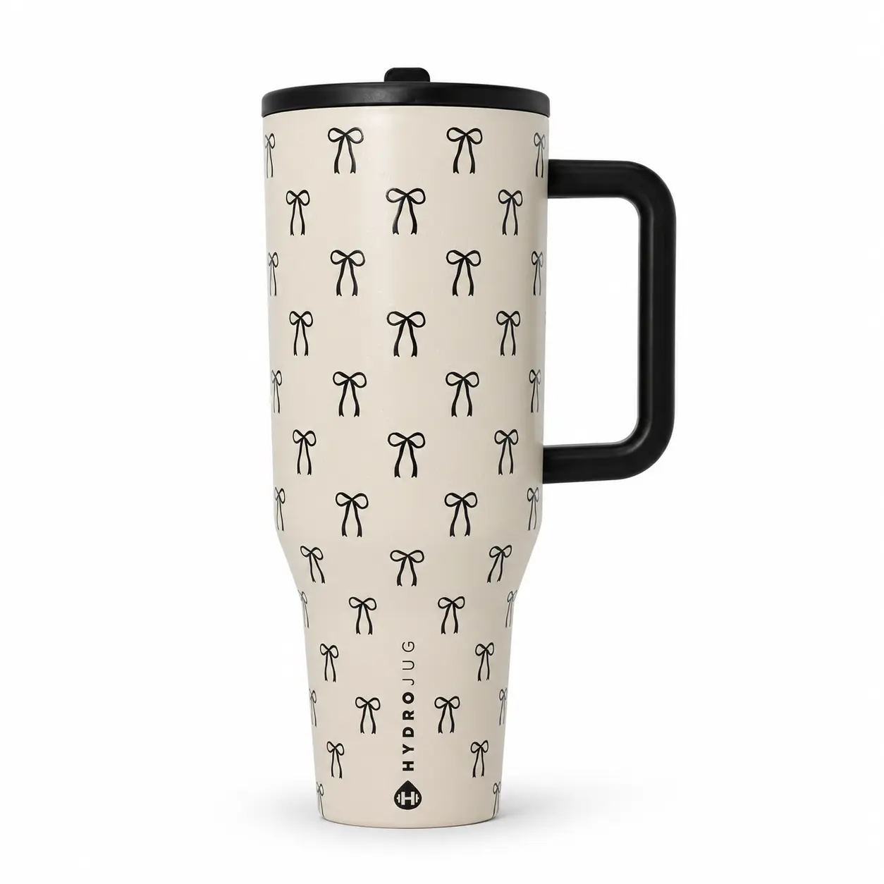 HydroJug 40oz Cream Bow Print Tumbler with Handle and Straw Lid, Vacuum Insulated Stainless Steel Water Bottle, Leak Resistant Car Cup Holder Friendly Travel Mug for Women, Office, Gym, Pilates, Iced Coffee, Daily Hydration, Coquette Aesthetic Gift