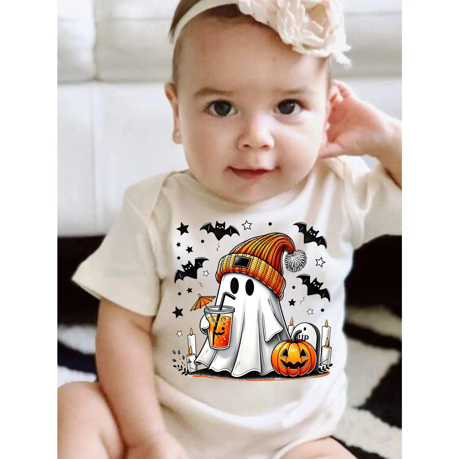 Baby Bodysuit Cute Halloween Ghost With Pumpkin And Bats Print Unisex Infant Onesie Button Detail Regular Fit All Seasons Knitted Fabric Onesie For 0-12 Months