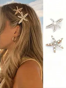 2pcs Vintage-Style Starfish-Shaped Hair Clips with Faux Pearls, Fashionable Flat Claw Accessories for Bun Looks, Perfect Valentine's Day Gift