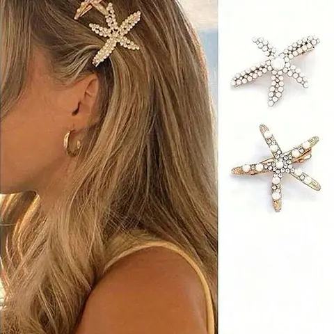 2pcs Hair Clip Set Vintage-Style Starfish-Shaped Hair Clips with Faux Pearls, Decorative Hair Clips, Fashionable Flat Claw Accessories for Bun Looks, Perfect Valentine's Day Gift, Flatback Clips, Everyday Use, All Seasons