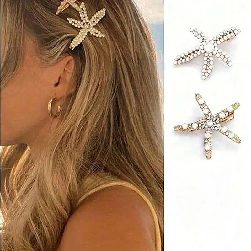 2pcs Hair Clip Set Vintage-Style Starfish-Shaped Hair Clips with Faux Pearls, Decorative Hair Clips, Fashionable Flat Claw Accessories for Bun Looks, Perfect Valentine's Day Gift, Flatback Clips, Everyday Use, All Seasons