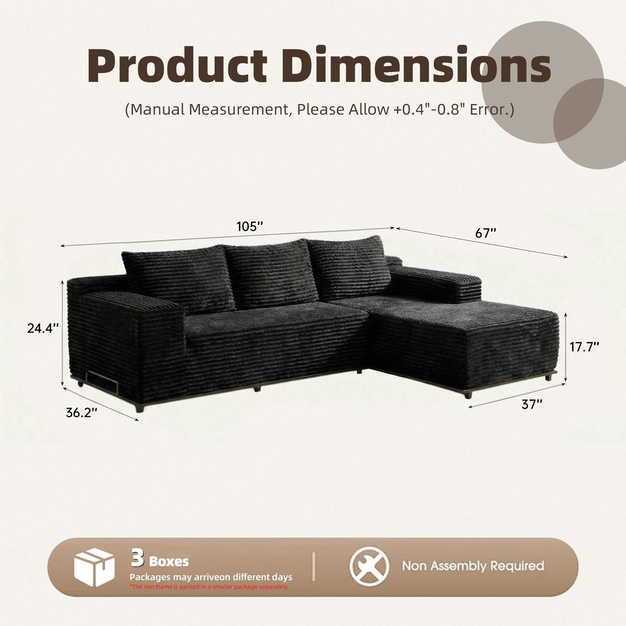 [3 Packages Shipping] Upgraded Elevated L-Shaped Sofa with Metal Iron Frame 105" Boneless Sectional Cloud Couch Corduroy Velvet Modular with Chaise No Assembly Required Living Room Furniture