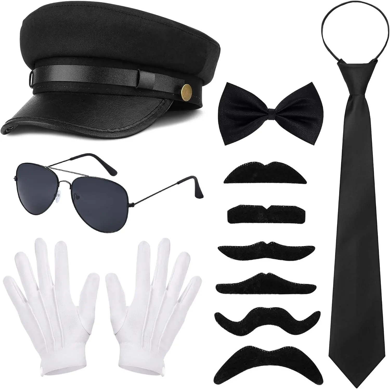 Chauffeur Costume Men Woman, Novelty Limo Taxi Driver Costume Chauffeur Hat Sunglasses White Gloves Fake Beard Bow Tie Necktie for Men Women for Halloween Cosplay (11 PCS), BlackGift.