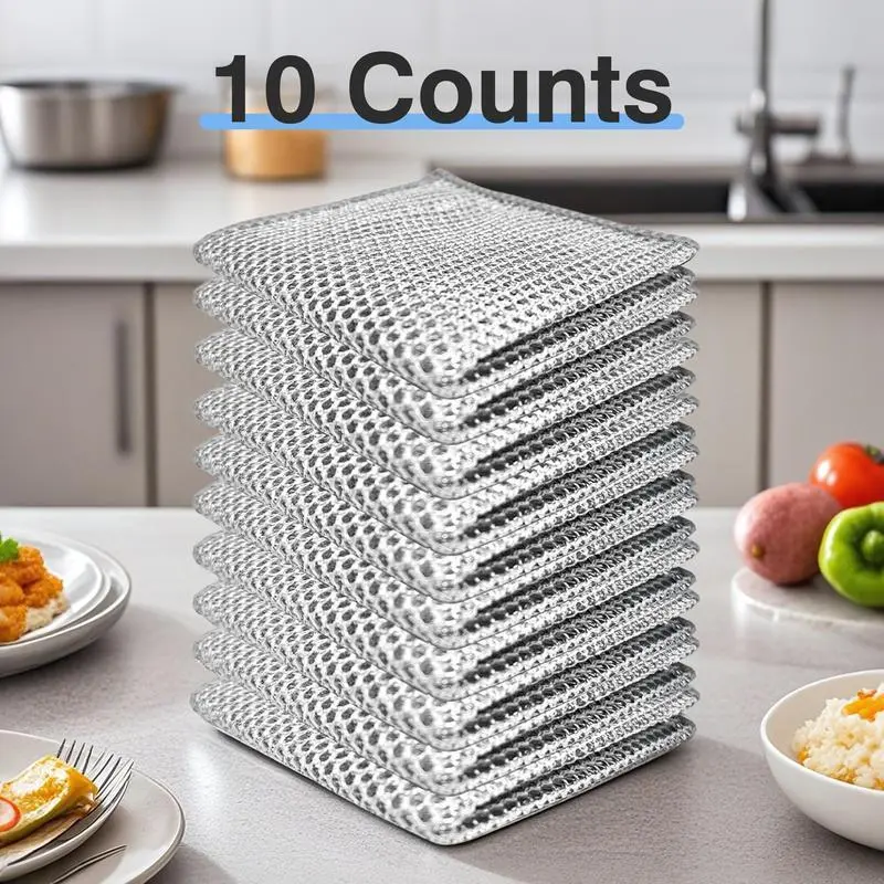 10 Counts Multipurpose Non-Scratch Wire Dishcloths – Double-Layer Reusable Dishwashing Rags for Wet & Dry Use, Kitchen Cleaning Cloth for Sinks, Pans & Dishes, Washable & Durable