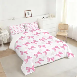 Whimsical Pink Bow and Snowflake Comforter Set, Soft and Cozy Digital Print Bedding Set, Quilt Cover Set, Perfect for Kids and Teens to Create a Playful Winter Wonderland in Their Bedroom or Dormitory, with 1 or 2 Pillowcase No Pillow Core