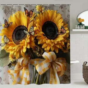 Creative Sunflower Bouquet Set with Butterfly & Plaid Bowknot, Farmhouse Style Sunflowers, Bathroom Decor with Hooks, Mats, U-Shaped Pad, Bathroom Accessories Set