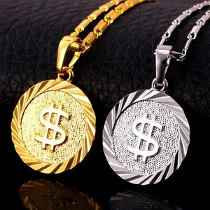 U7 Dollar Sign Coin Medal Necklace Chain for Men Women Stainless Steel Jewelry