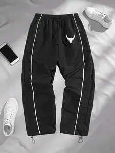 Men's All-Season Bullhorn Print Pocket Sports Pants, Elastic Waist Drawstring Design, Comfortable Running Fitness Outdoor Casual Long Trousers