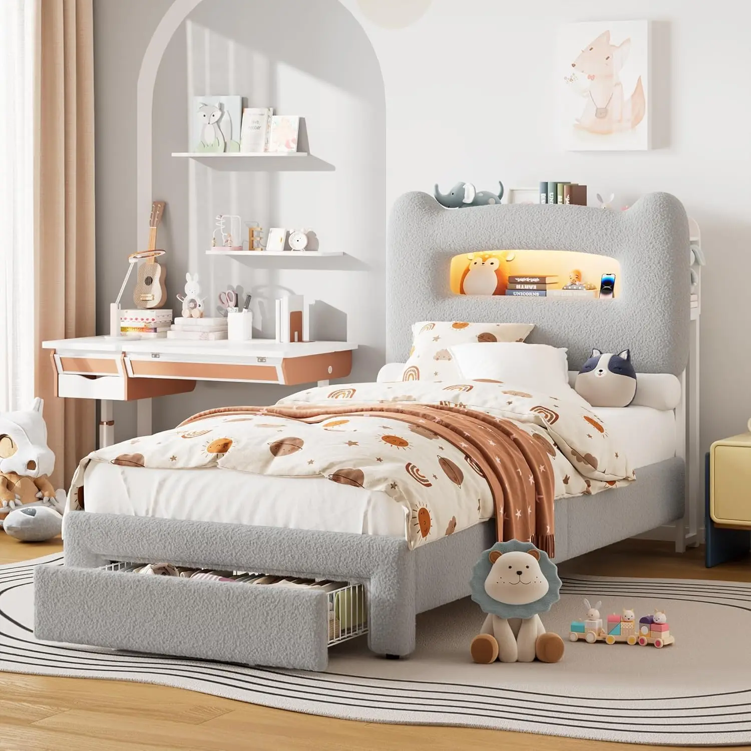 Upholstered TIWN/Full Bed Frame with 2-Tier Storage Headboard, LED Platform Bed with Charging Station and Drawer for Kids/Girls/Boys, Heavy Duty Metal Support, No Box Spring Needed