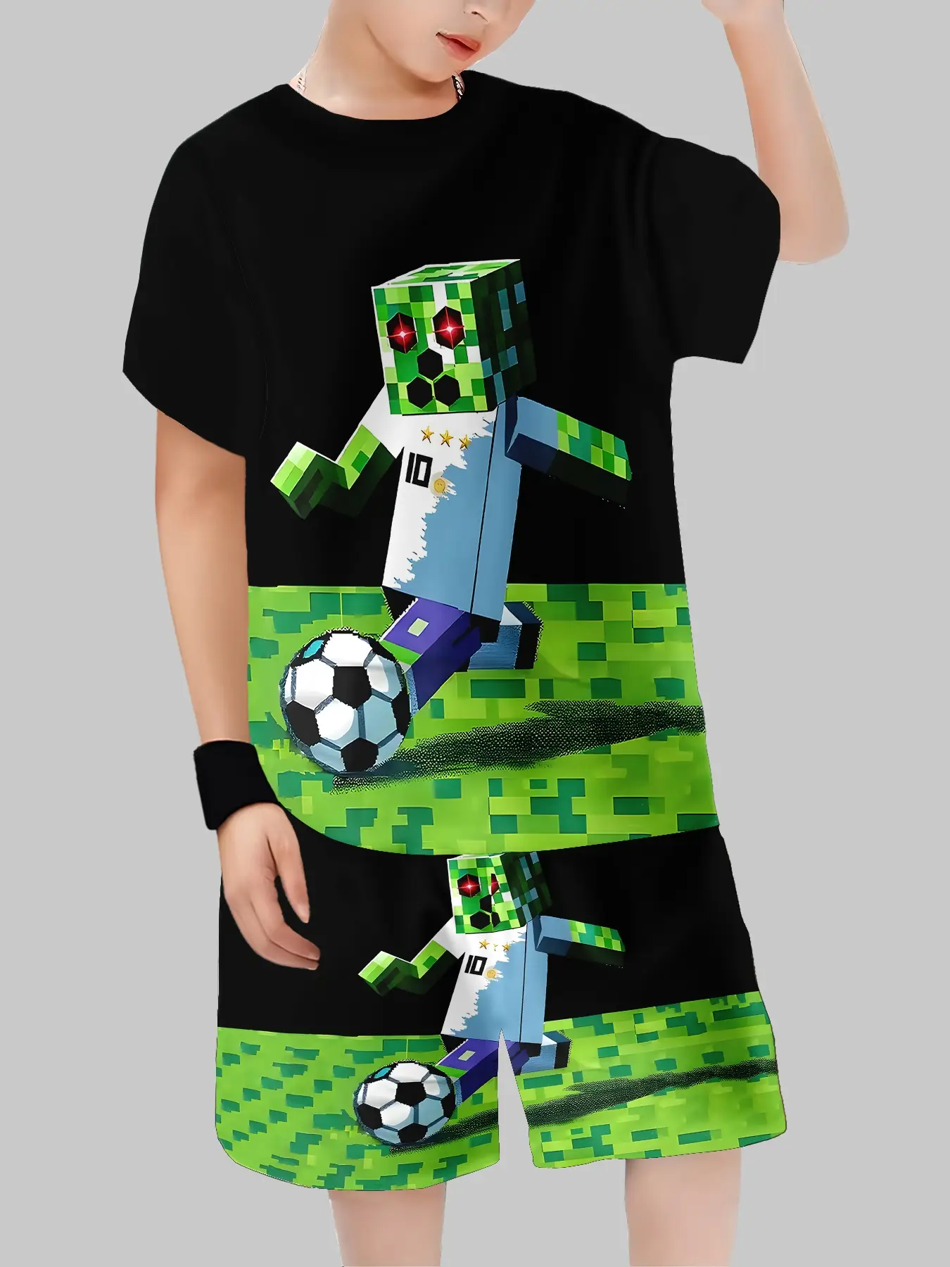 Boys' Pixel Football Zombie Print Sports Short Sleeve Set, Casual Summer, Comfortable Cotton Material, Perfect for Kids