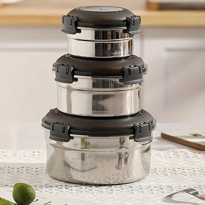 3pcs Stainless Steel food containers Bento Lunch Box Set, mixing bowl set，High-Temperature Resistant Leak-Proof Sealing Containers, food thermos，Portable Fruit/Salad Holders, Compatible With Refrigerator/Induction Cooker, Ideal For Camping Picnicware