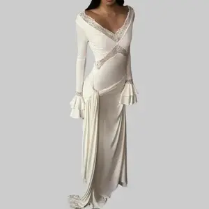 Women’s lace-trimmed V-neck mermaid maxi dress with long tiered flared sleeves and lace panels, featuring a waist sash tie; new for winter 2025; slim fit, solid color; elegant, sexy, casual wear; suitable for night parties; semi-sheer lace inserts.