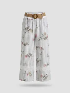 ESYAZO Italian Linen Floral Stripe Set – Premium V-Neck Blouse & Belted Wide-Leg Trousers