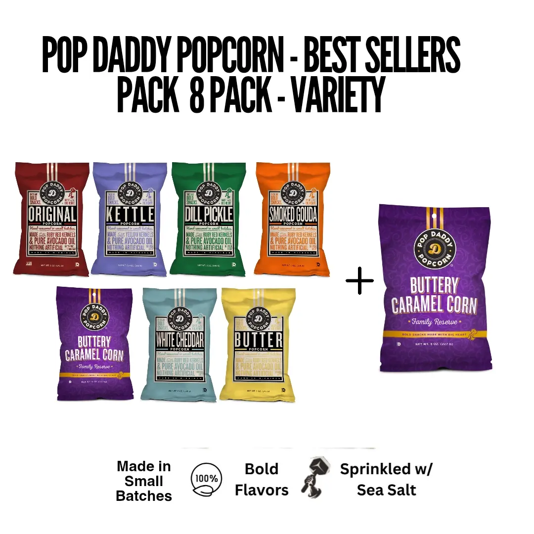 Pop Daddy Popcorn 8-Pack + Buttery Caramel Corn