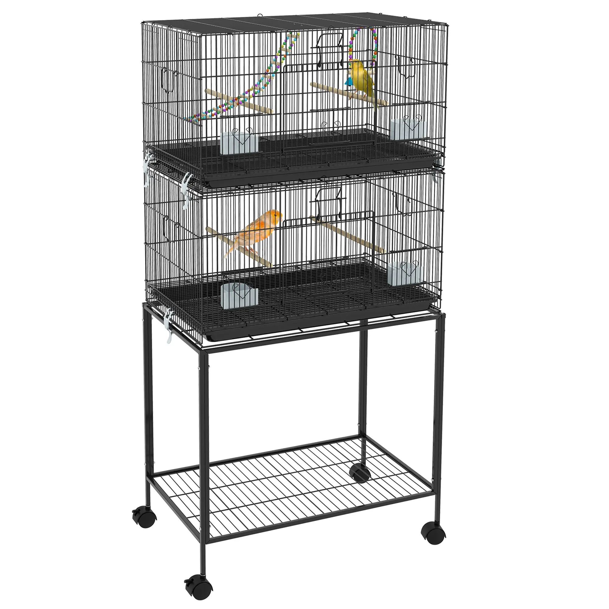 PawHut Double Stackable Bird Cage with Stand, Wooden Swing, Rope Ladder & Wheels for Canaries, Lovebirds Finches, Budgie Cage with Storage Shelf, Removable Tray, Wooden Perches & Food Containers