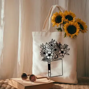 Wildflower Book Tote Bag Cotton Canvas Floral Library Bag for Readers